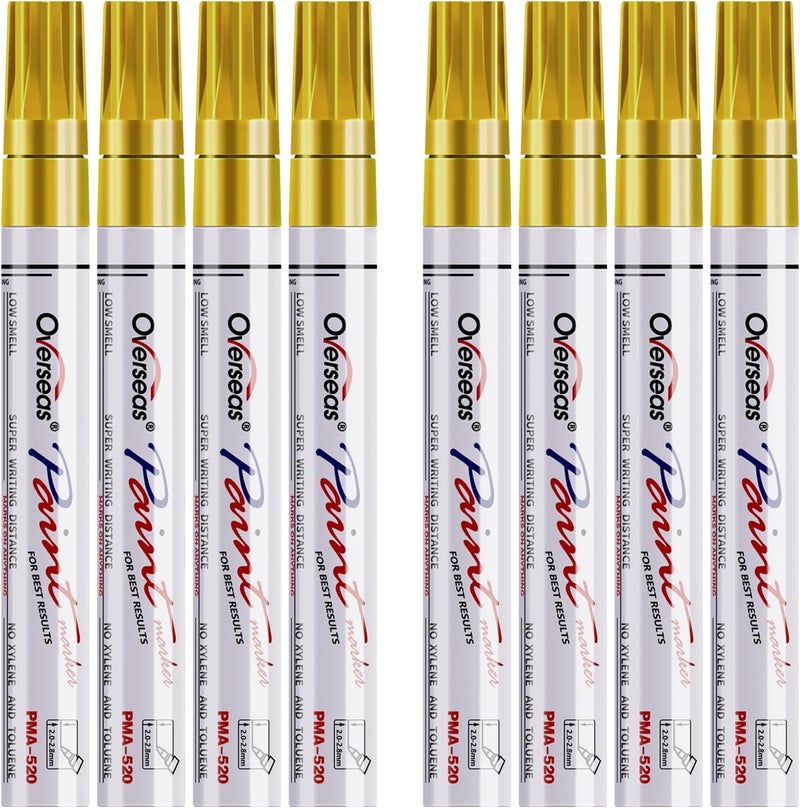 Overseas Paint Pens Paint Markers - Gold Permanent Markers 8 Pack, Oil Based Waterproof Quick Dry Medium Tip Marker Pen for Metal, Wood, Fabric, Plastic, Rock, Stone, Mugs, Canvas, Glass, Art Craft - Image 1